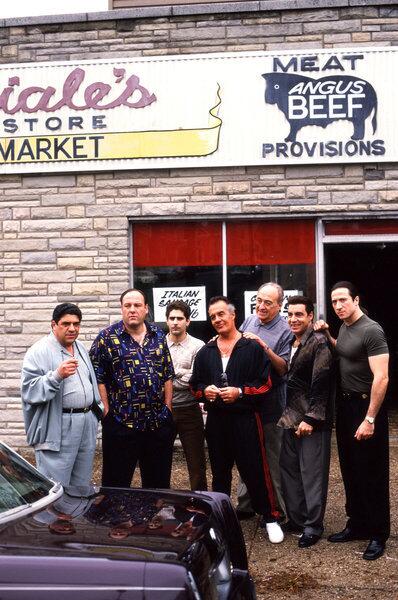 Actors in "The Sopranos" during location filming in Kearny, N.J., at the site of a fictional pork store called Satriale's.