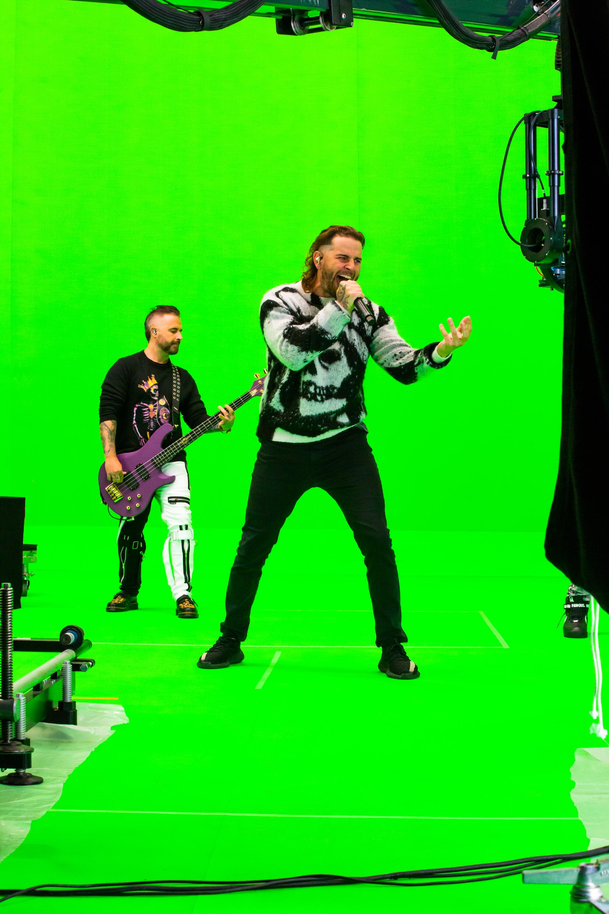 Lead singer M. Shadows sings to a camera.