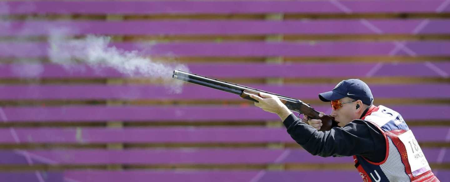 Vincent Hancock of the United States shoots during the first day of the men's skeet competition.
