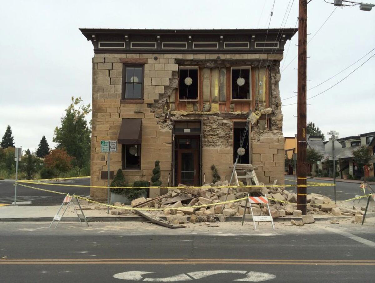 The Vintner's Collective tasting room on Main Street in Napa, Calif., was badly damaged during Sunday morning's earthquake.
