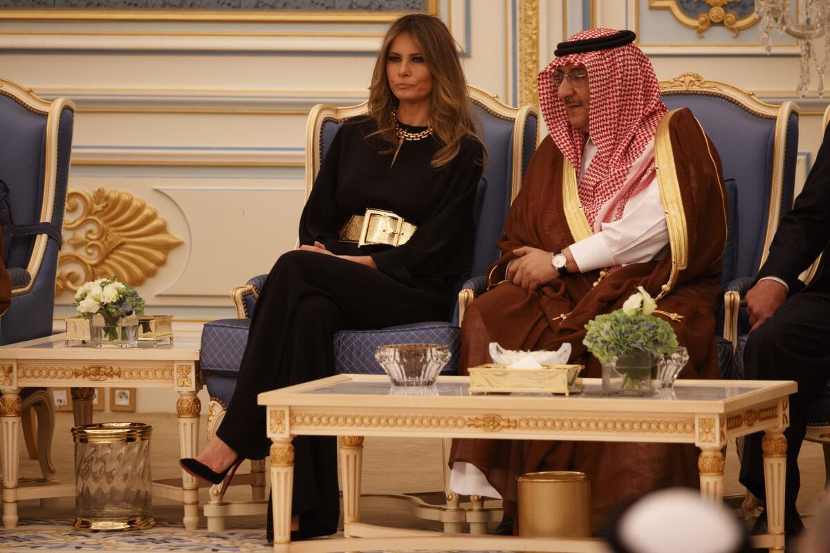 First Lady Melania Trump talks with Saudi Crown Prince Muhammad bin Nayef at the Royal Court Palace in Riyadh, Saudi Arabia, on May 20, 2017.