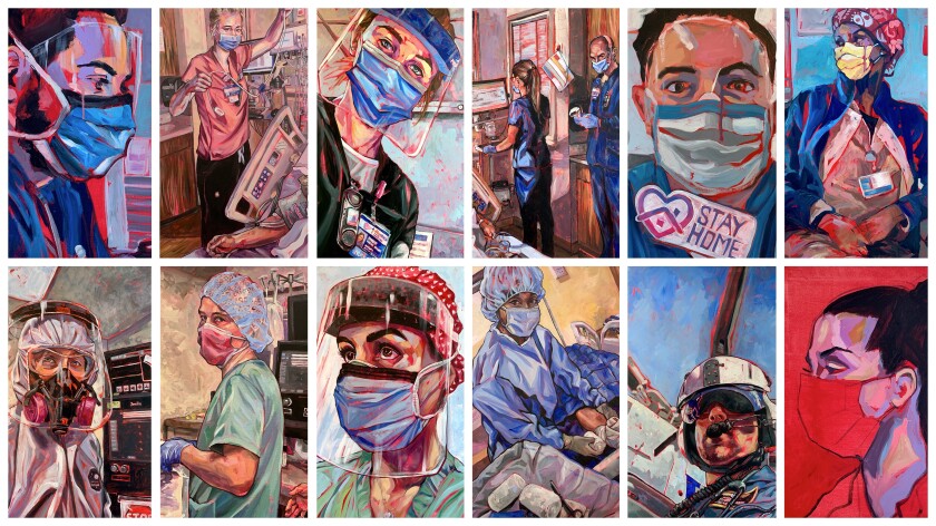 A grid of paintings by nurse Tessa Moeller.