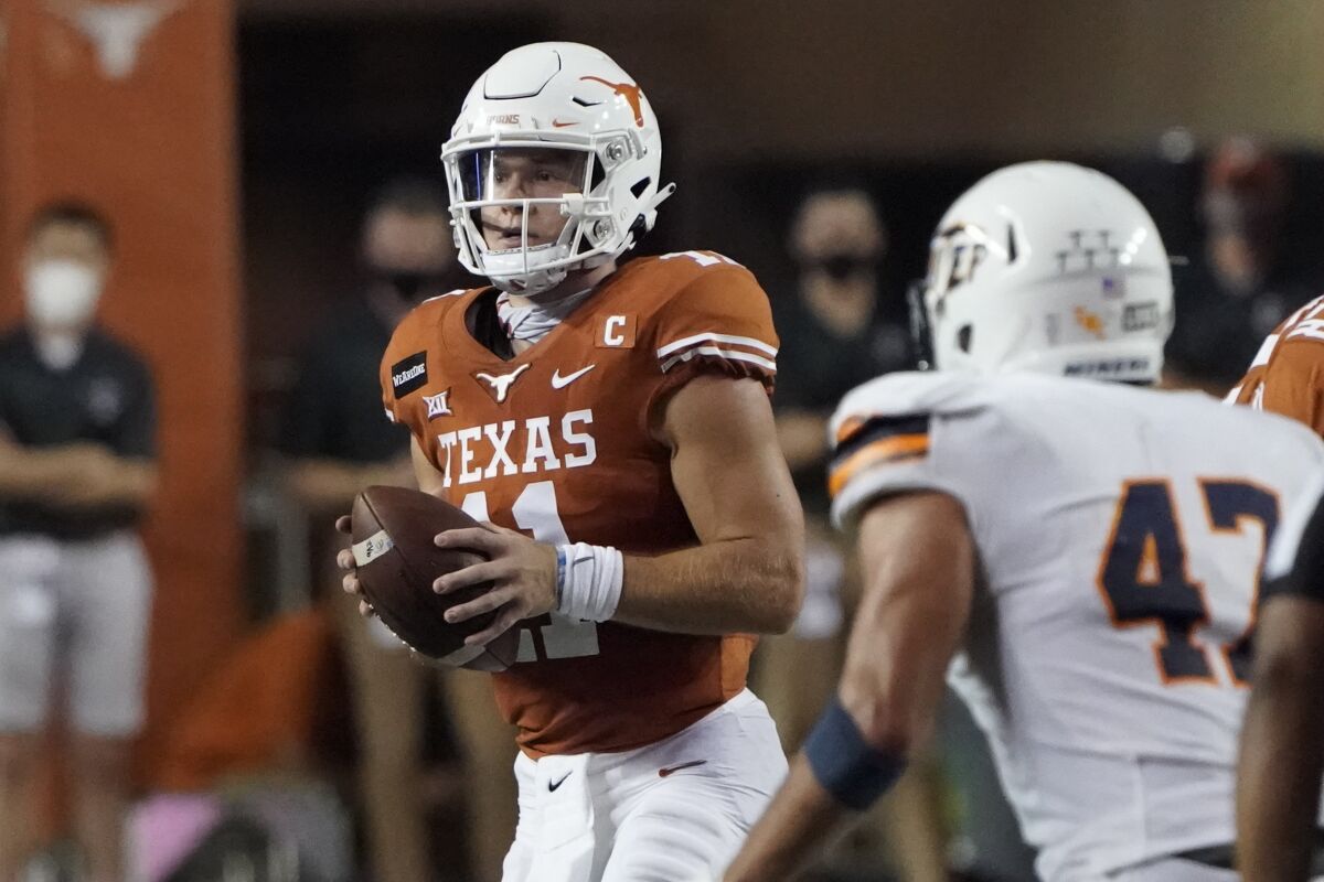 Texas' Sam Ehlinger looks to pass against UTEP on Sept. 12, 2020.