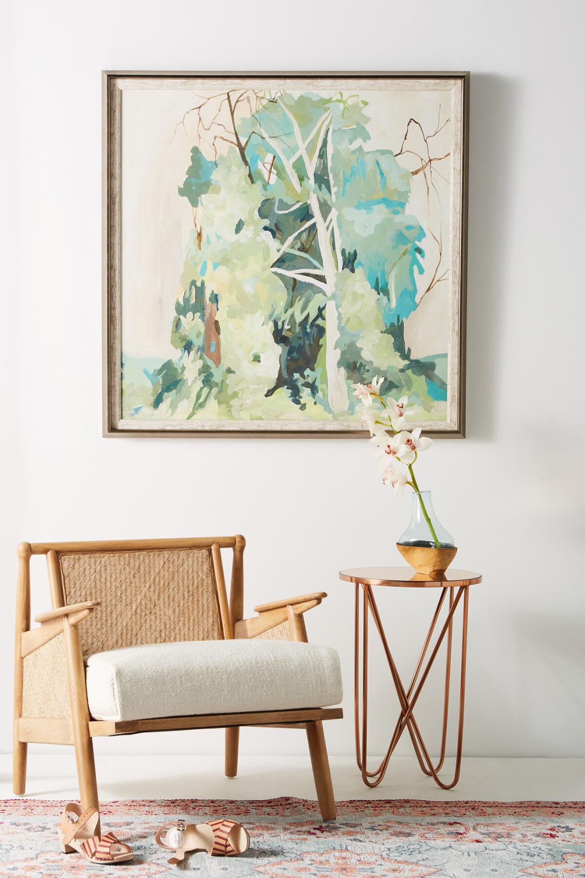 Meditative colors, rattan and natural fibers define a spa-like retreat. Messy Thicket Wall Art, $598 by Sara Brown at Anthropologie.