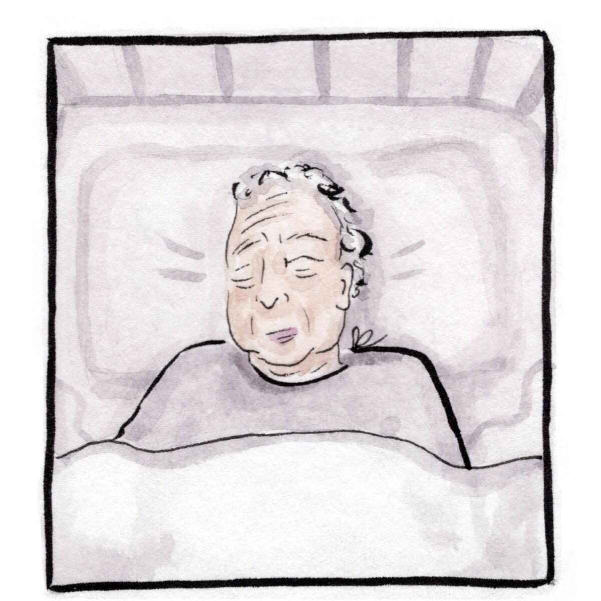 An elderly woman lies in bed with her eyes closed. No one is speaking.