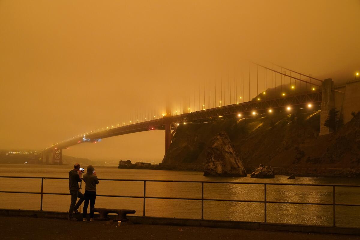 The Golden Gate Bridge shrouded in wildfire smoke