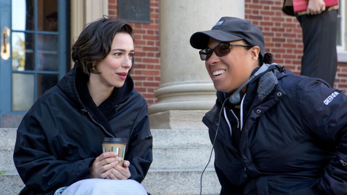 Actor Rebecca Hall, left, and director Angela Robinson on the set of "Professor Marston and the Wonder Women."