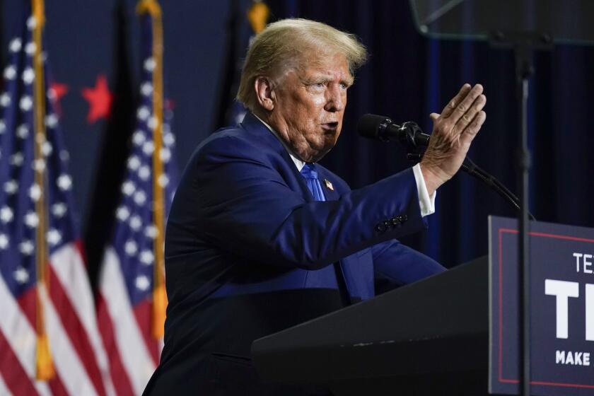 Republican presidential candidate former President Donald Trump speaks at a campaign rally Monday Oct. 23, 2023, in Derry, N.H. (AP Photo/Charles Krupa)