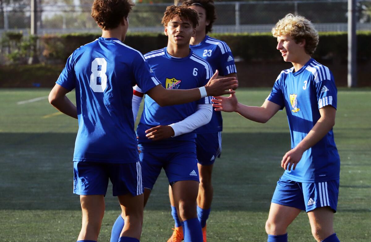 Fountain Valley's Drew Payne (8) celebrates with his team after scoring a goal against Sage Hill.