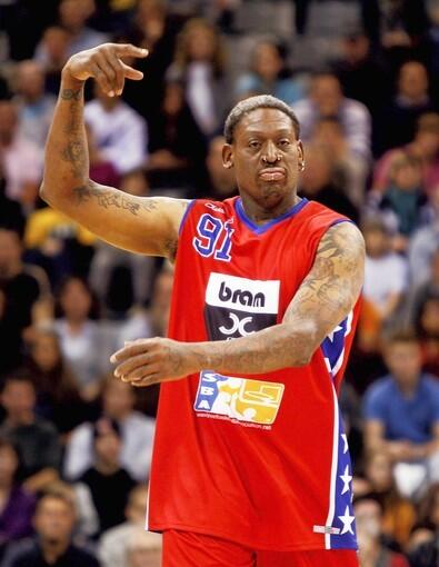 Former basketball professional Dennis Rodman attends the 'USA Legends of Basketball' game between the Germany/Luxemburg All Star team at the Arena in Trier, Germany.