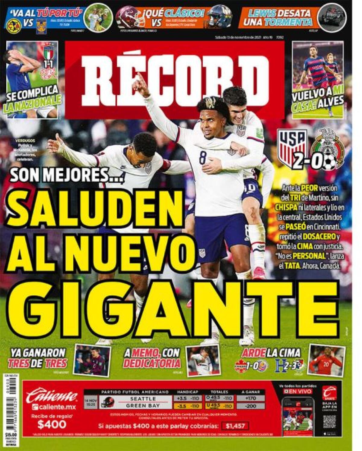 The cover of the Mexican sports daily Récord showing te U.S. celebrating its win over Mexico