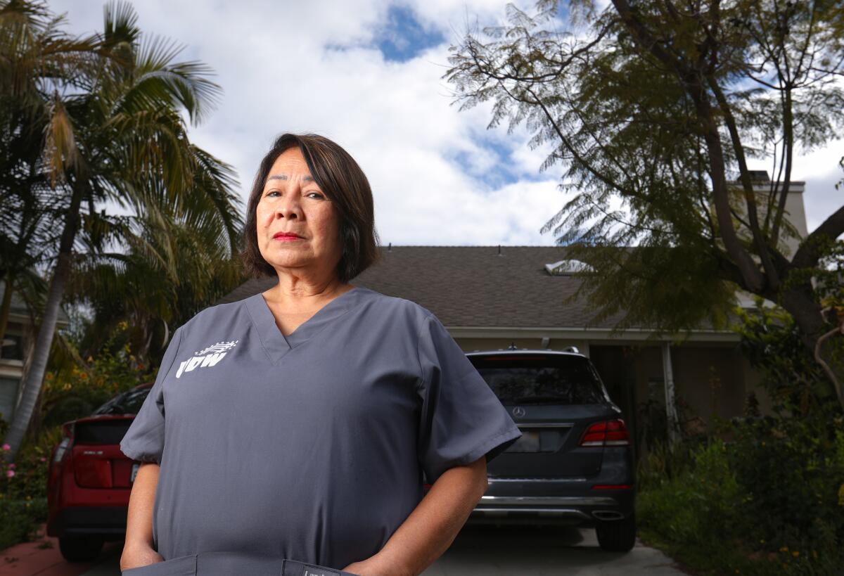 Nicanora Montenegro is the caregiver for her sister, and also the San Diego district chair for the United Domestic Workers of America. Photographed outside her Lincoln Park home, March 25, 2020 in San Diego, California.