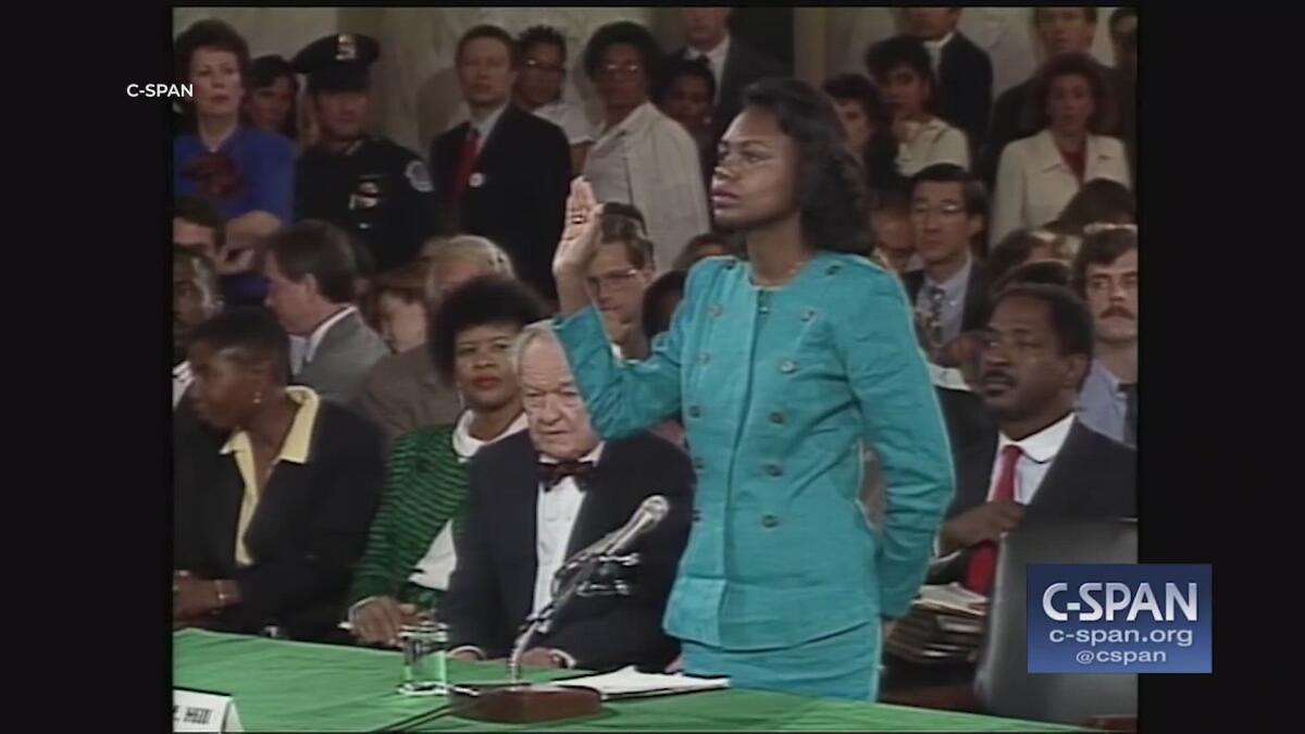 Anita Hill testifying in 1991 at Clarence Thomas hearing