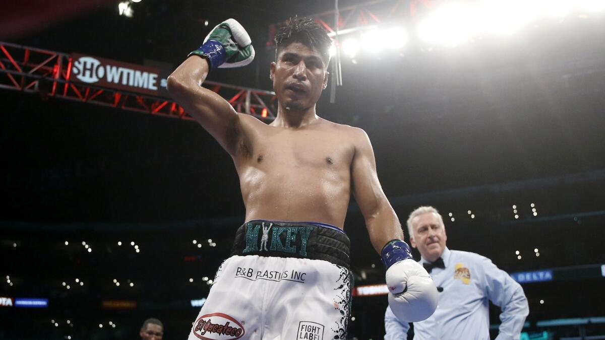 Mikey Garcia celebrates after defeating Robert Easter Jr. during their WBC and IBF world lightweight title bout in Los Angeles on July 28, 2018.