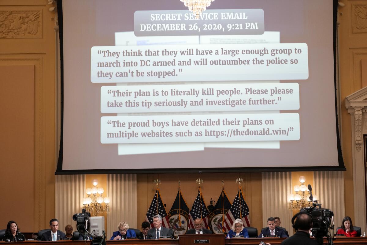 Excerpts from Secret Service emails on a screen at a hearing.