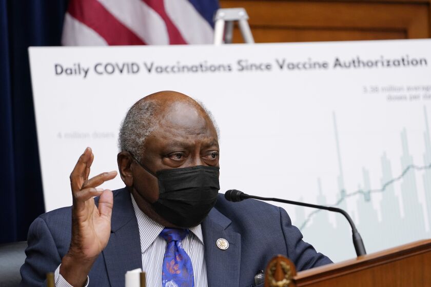 FILE - House Majority Whip James E. Clyburn, D-S.C., and Chairman of the House Select Subcommittee on the Coronavirus Crisis speaks during a hearing on Capitol Hill in Washington, Thursday, April 15, 2021, on the coronavirus crisis. Clyburn said Wednesday, Dec. 22, 2021, he has tested positive for COVID-19, though he is fully vaccinated with a booster and has no symptoms. (AP Photo/Susan Walsh, Pool, File)