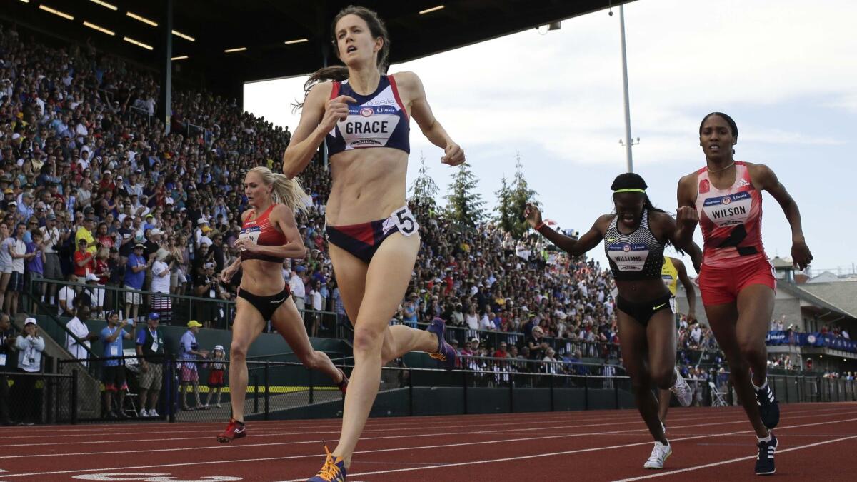 Kate Grace wins the collision-filled women's 800-meter final at the U.S. Olympic trials in Eugene, Ore.