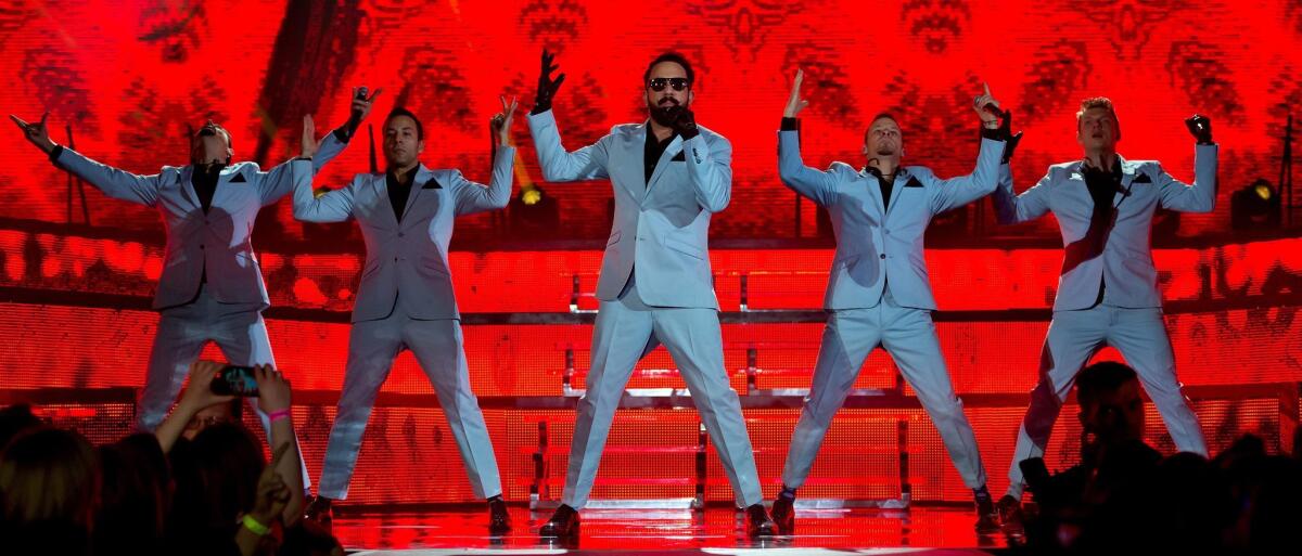 From left, Kevin Richardson, Howie Dorough, A.J. McLean, Brian Littrell and Nick Carter perform in Munich, Germany.
