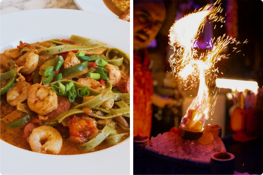2 framed photographs of pasta and a flaming cocktail