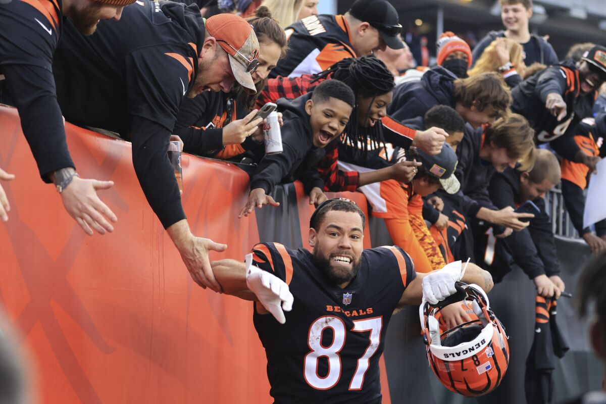 FILE - Cincinnati Bengals tight end C.J. Uzomah (87) celebrates with fans following the team's NFL football game against the Baltimore Ravens on Dec. 26, 2021, in Cincinnati. The energy level is skyrocketing in Cincinnati, which hasn't experienced this kind of sports success since the Reds swept the Oakland Athletics in the 1990 World Series. The Bengals last reached the Super Bowl after the 1988 season, losing to San Francisco. (AP Photo/Aaron Doster)