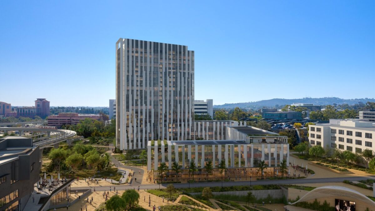 A rendering depicts UC San Diego's Pepper Canyon West Living and Learning Neighborhood, which will house 1,310 students.
