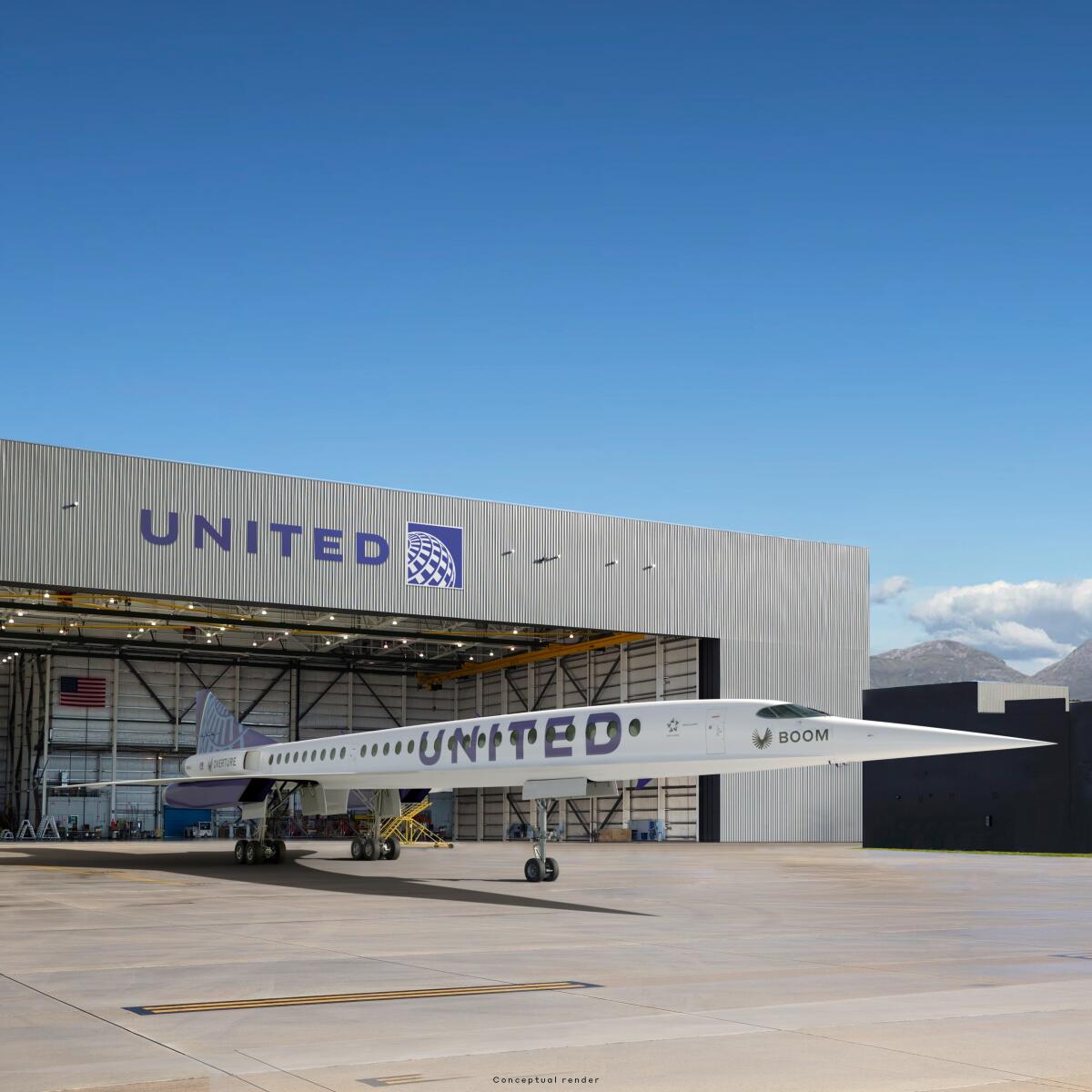 An artist’s rendition of a United Airlines jet near a hangar