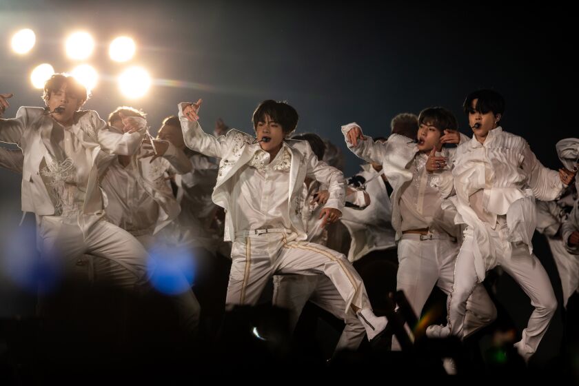 PASADENA, CALIF. - MAY 04: Korean K-pop boy band BTS performs on stage at The Rose Bowl on Saturday, May 4, 2019 in Pasadena, Calif. (Kent Nishimura / Los Angeles Times) NOTE: NO SOCIAL MEDIA USE For Info on this, contact Hal Wells.