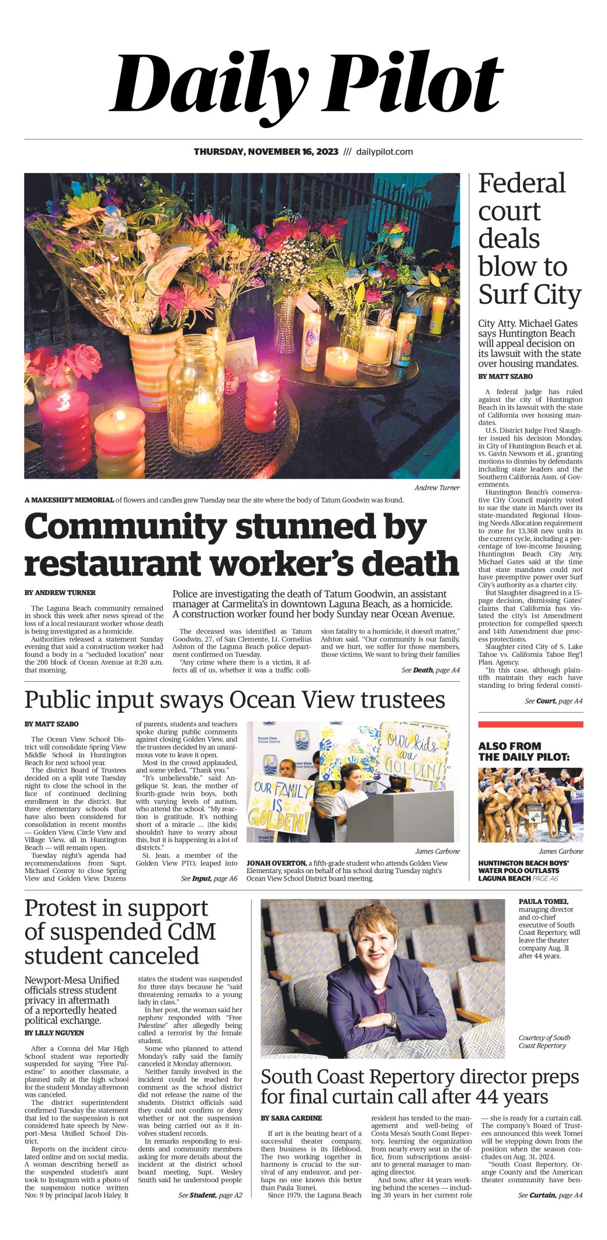 Front page of the Daily Pilot e-newspaper for Thursday, Nov. 16, 2023.