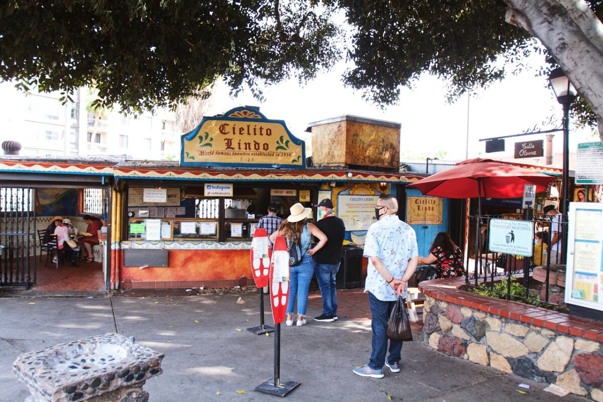 Customers wait in line at Cielito Lindo on Olvera Street.