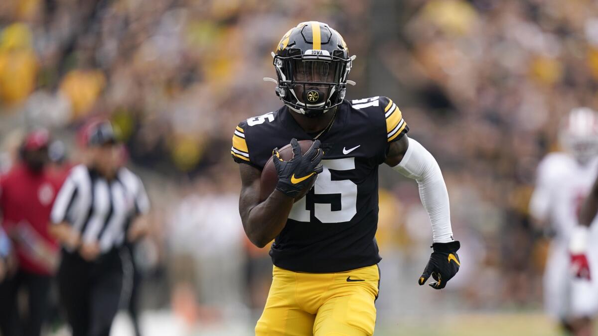 Iowa running back Tyler Goodson runs for a 56-yard touchdown against Indiana