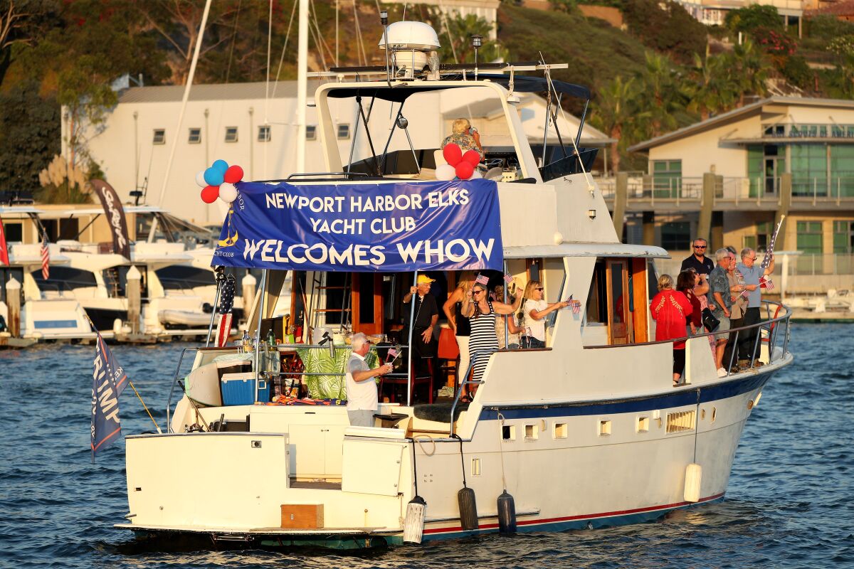 The Newport Harbor Elks Yacht Club welcomes the War Heroes on Water boat parade in Newport Harbor on Thursday