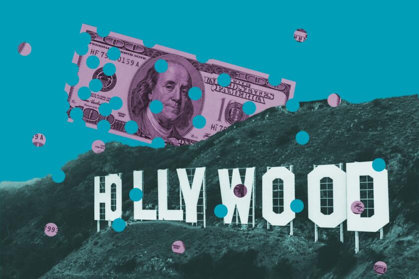 collage of the Hollywood sign and a hundred-dollar bill with riddled with holes