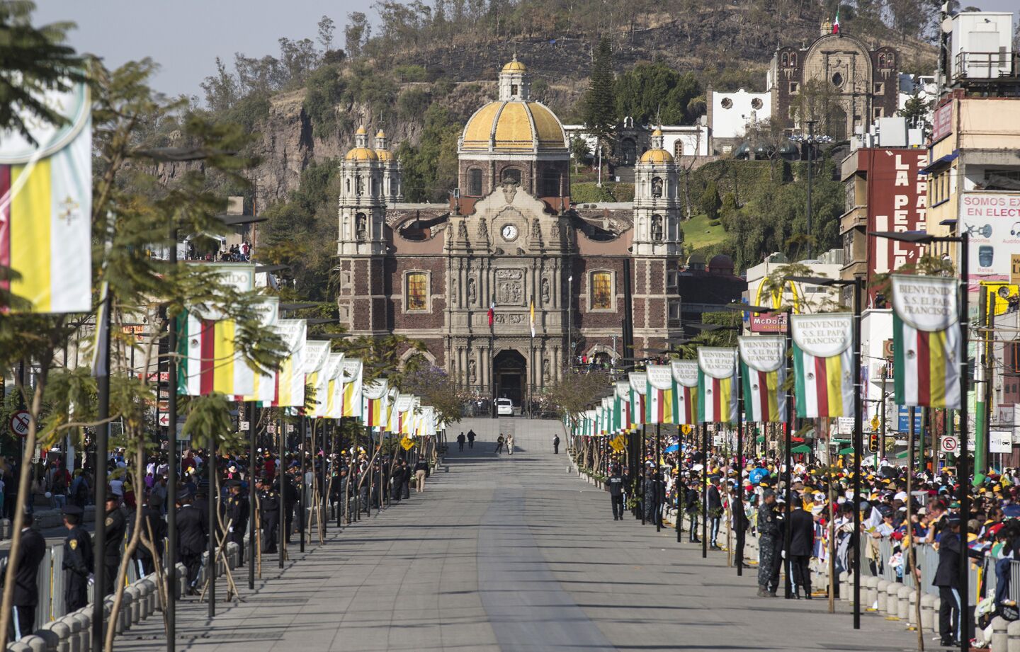 Pope Francis' motorcade arrives at the Basilica of Our Lady of Guadalupe during his visit in Mexico City.
