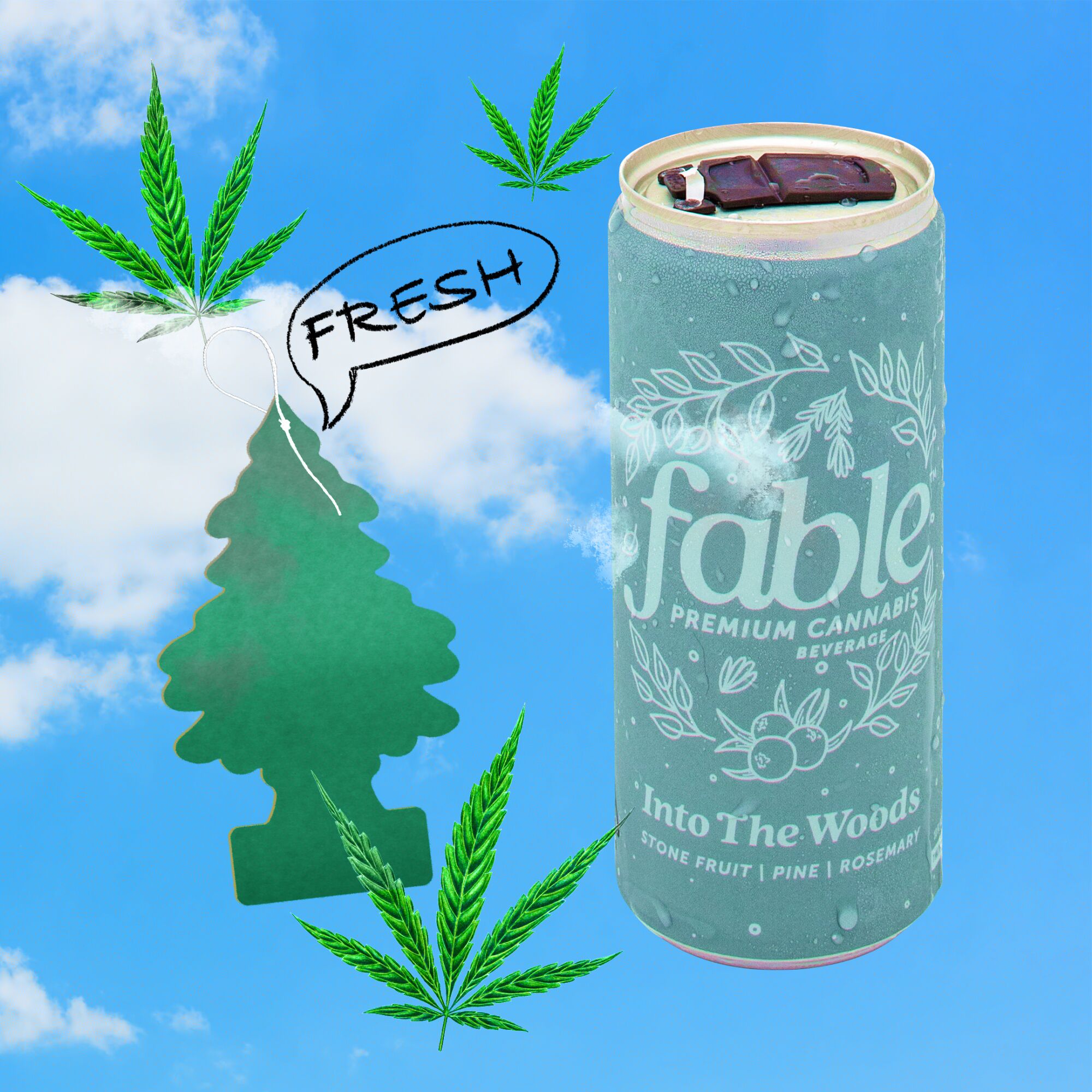 A can of Fable's Into the Woods beverage surrounded by cannabis leaves and a tree-shaped air freshener.