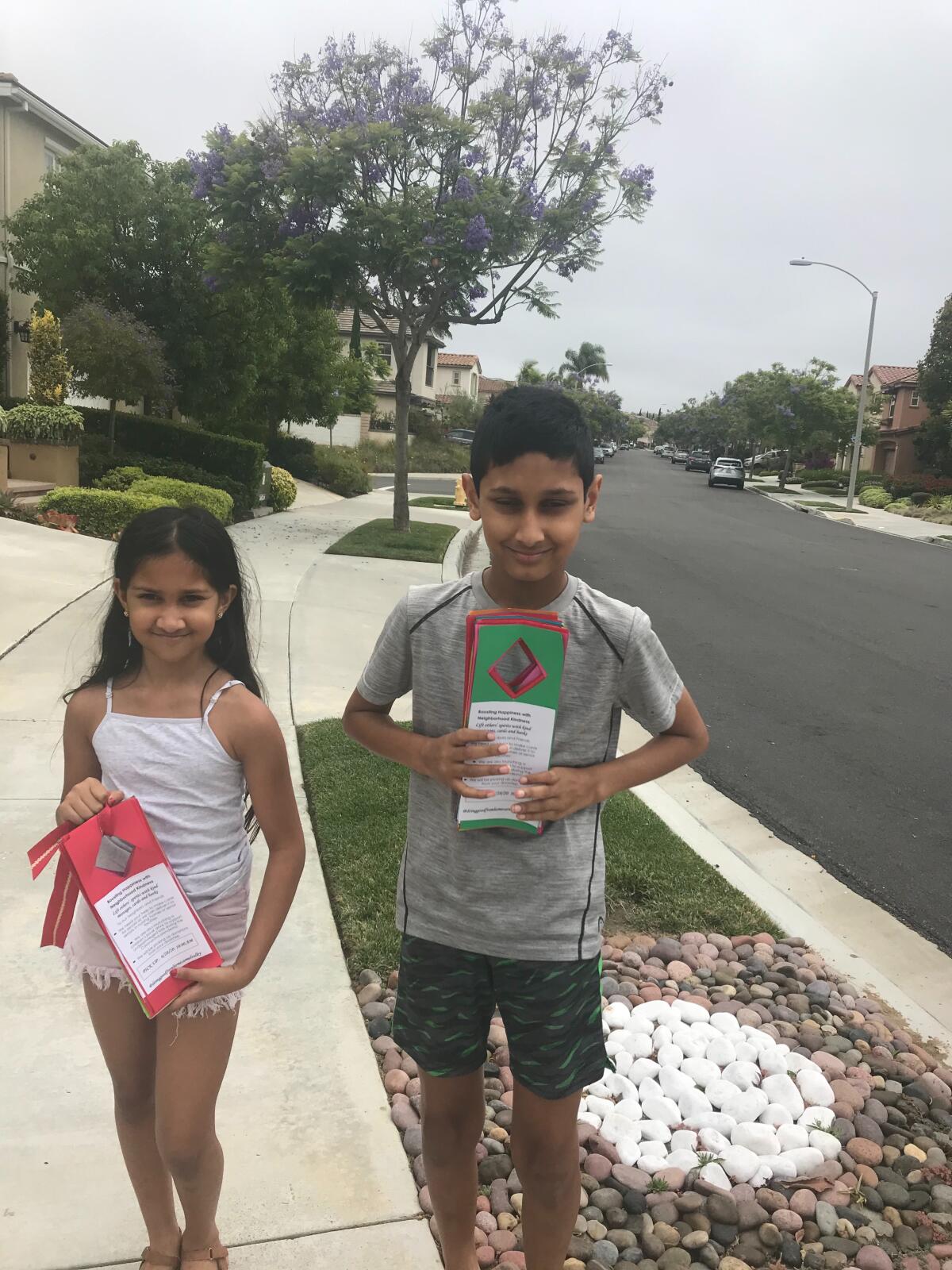 Maya and Dhruv Bantval distributed flyers for their drive in their neighborhood.