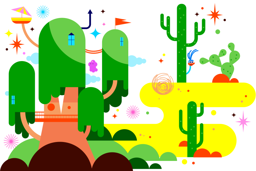 Illustration of tree house and Lumpy Space Princess from Adventure Time, desert scape with cacti, road runner and tumbleweed