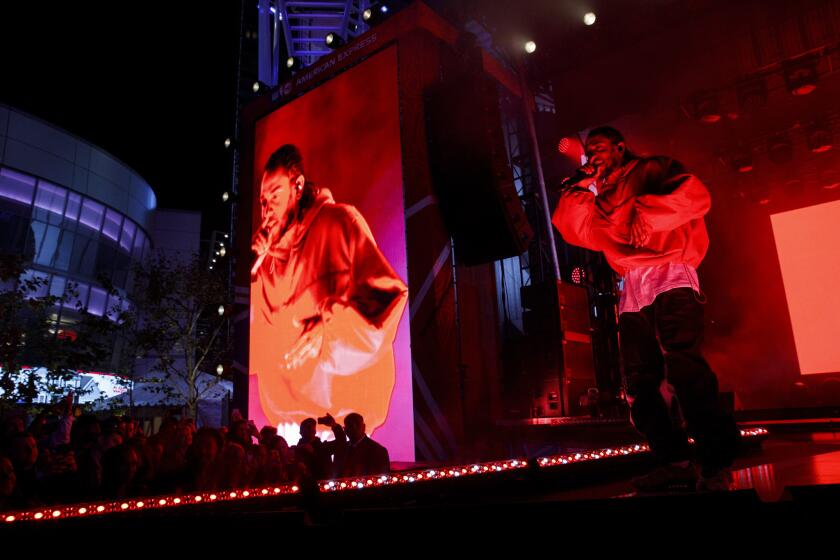 Artist Kendrick Lamar performs at L.A. Live during the NBA All-Stars weekend, February 16, 2018 in downtown Los Angeles