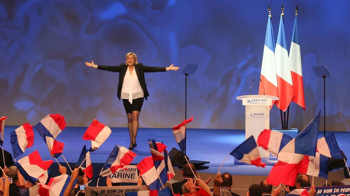 French far-right leader presidential candidate Marine Le Pen at the start of a meeting in Nantes, western France.