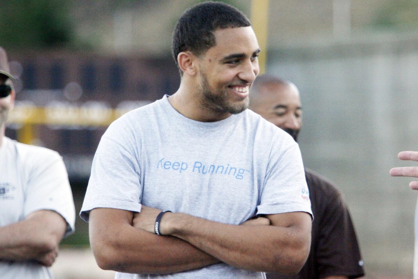 Dietrich Riley of UCLA and a former standout at St. Francis speaks during football camp, which took place at St. Francis High School in La Canada on Tuesday, June 26, 2012.