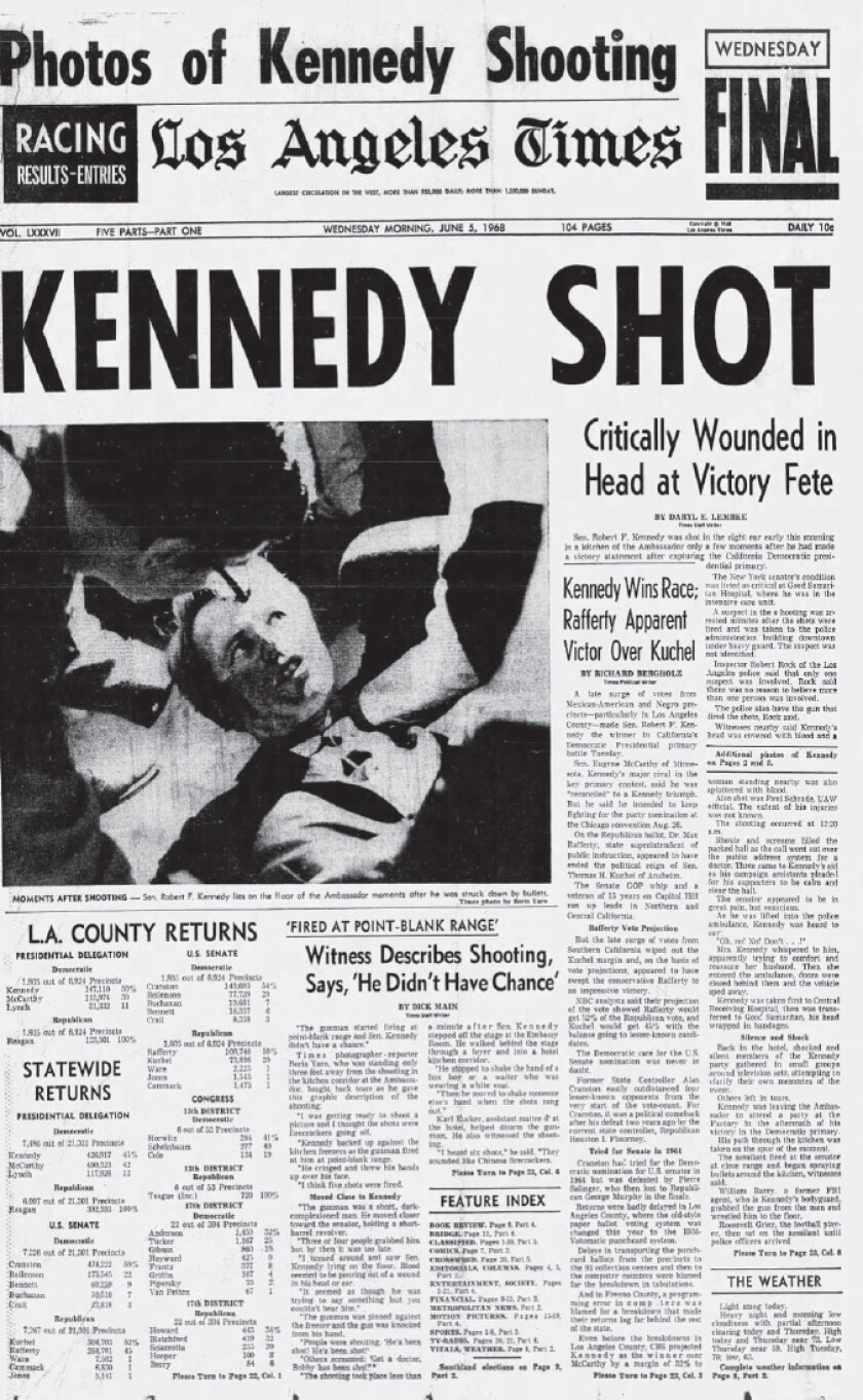 The front page of the Los Angeles Times, June 5, 1968.