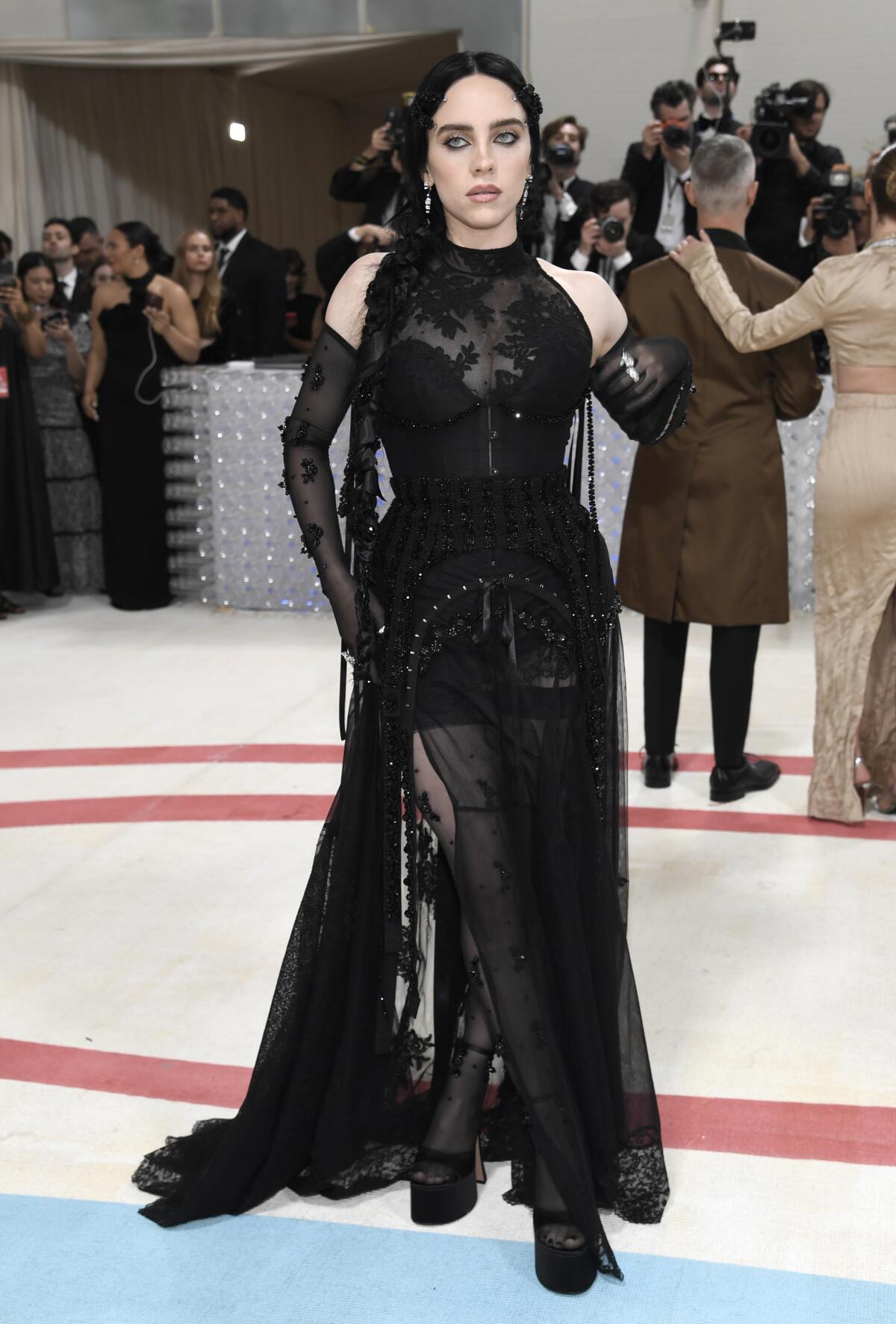 Billie Eilish with jet-black hair in a braided ponytail wearing a sheer black mesh and lace gown. 
