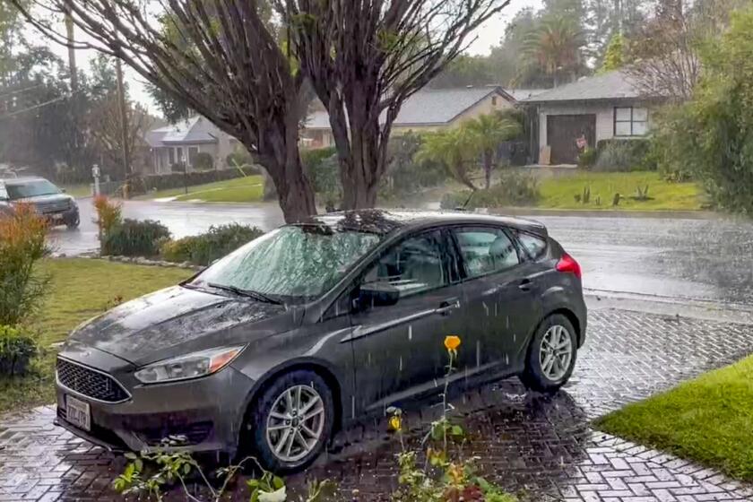 A screen grab from a video showing the hail storm that crossed Monrovia California on Sunday afternoon, March 24, 2024 taken by Los Angeles Times Assistant Editor for the Fast Break Team Hugo Martin.