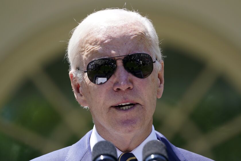 President Joe Biden speaks in the Rose Garden of the White House in Washington, Thursday, May 25, 2023, on his intent to nominate U.S. Air Force Chief of Staff Gen. CQ Brown, Jr., to serve as the next Chairman of the Joint Chiefs of Staff. (AP Photo/Susan Walsh)