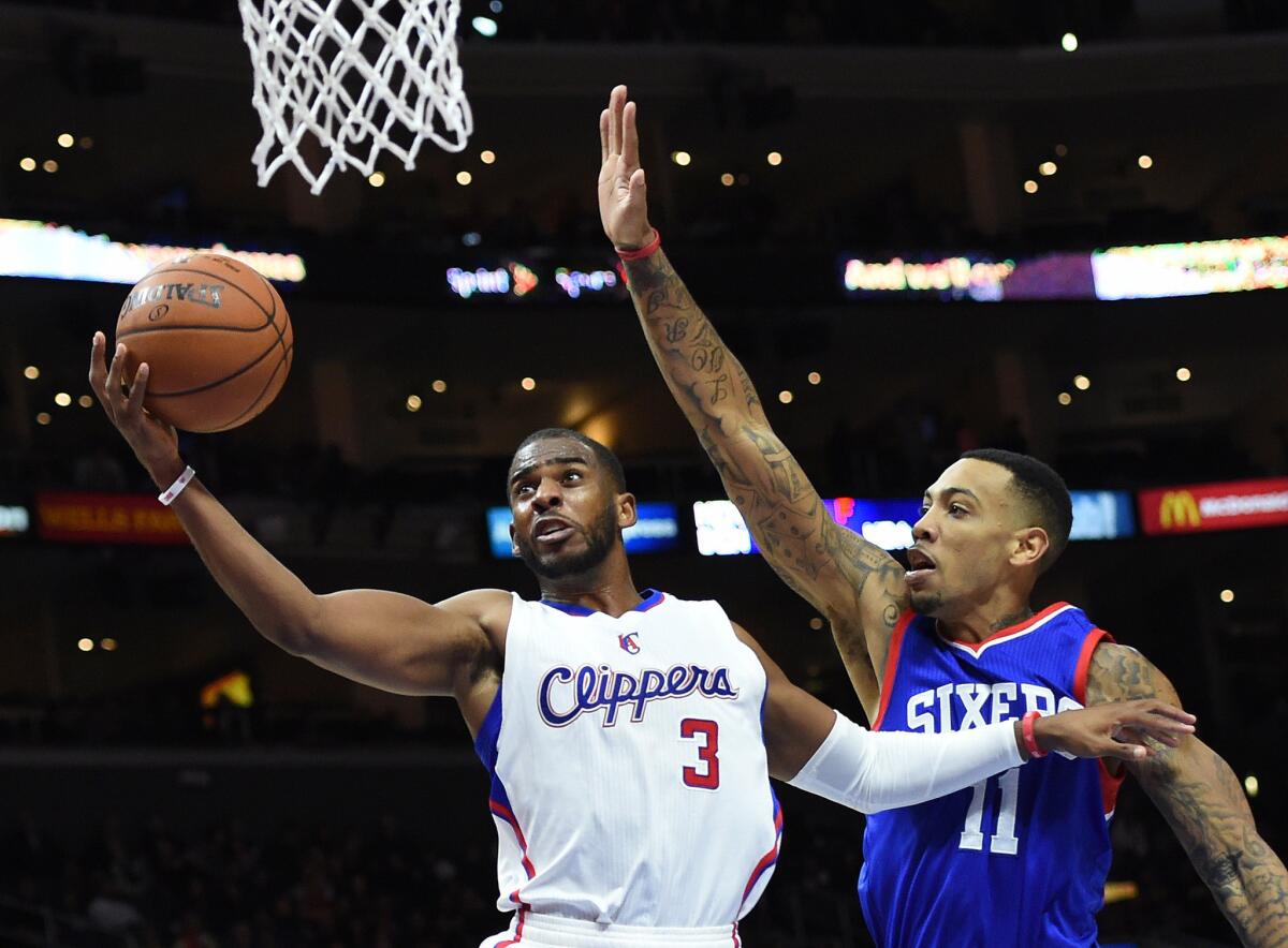 Clippers point guard Chris Paul drives to the basket against 76ers forward Malcolm Thomas during a game Jan. 3.