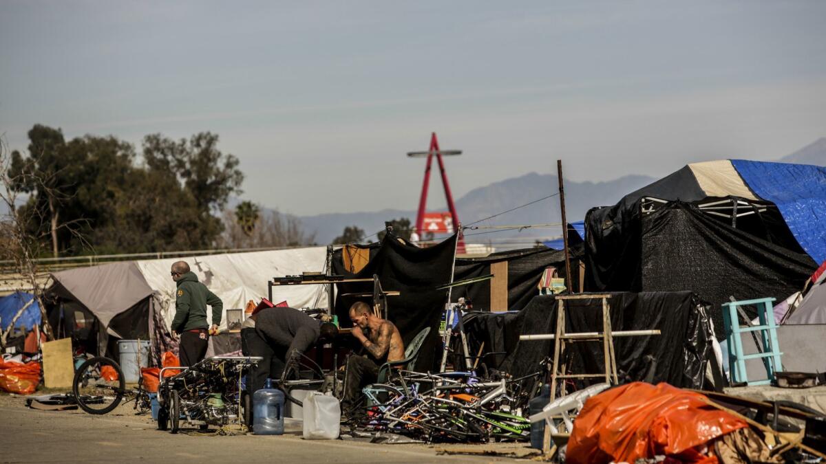 A homeless encampment near the Santa Ana River area in Anaheim. A lawsuit alleged that Orange County and the cities of Anaheim, Costa Mesa and Orange had taken actions that effectively forced homeless people to move to the riverbanks.