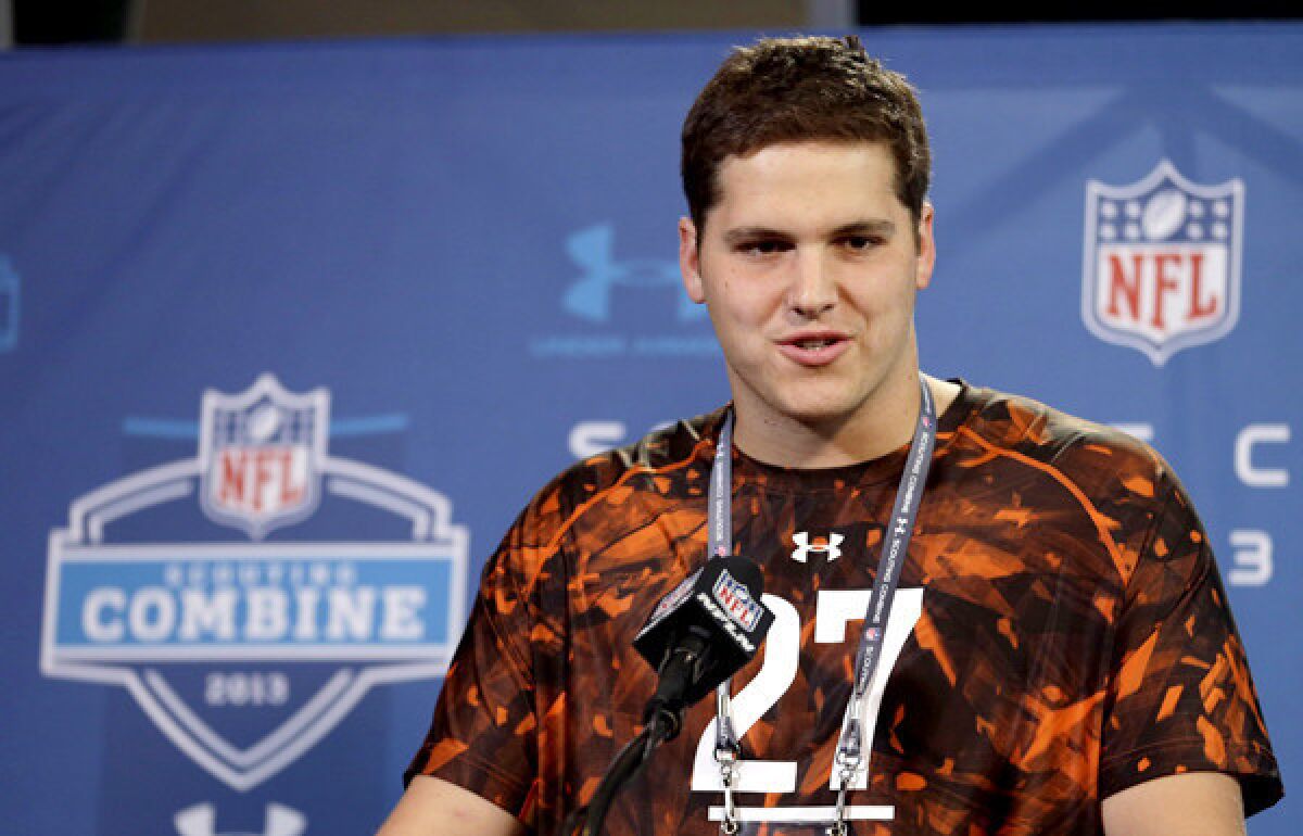 Texas A&M; offensive lineman Luke Joeckel addresses the media during a news conference at the NFL combine in February.