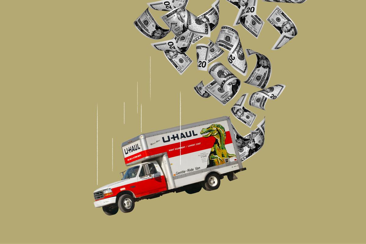 An illustration of a U-Haul truck falling, with $20 bills flying out its back.