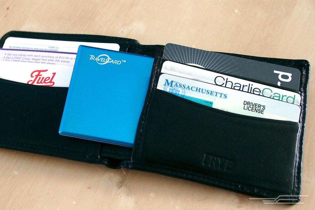 A really, really small and portable USB pack As long as your wallet isnâ€™t overstuffed, the TravelCard can fit into the slots.