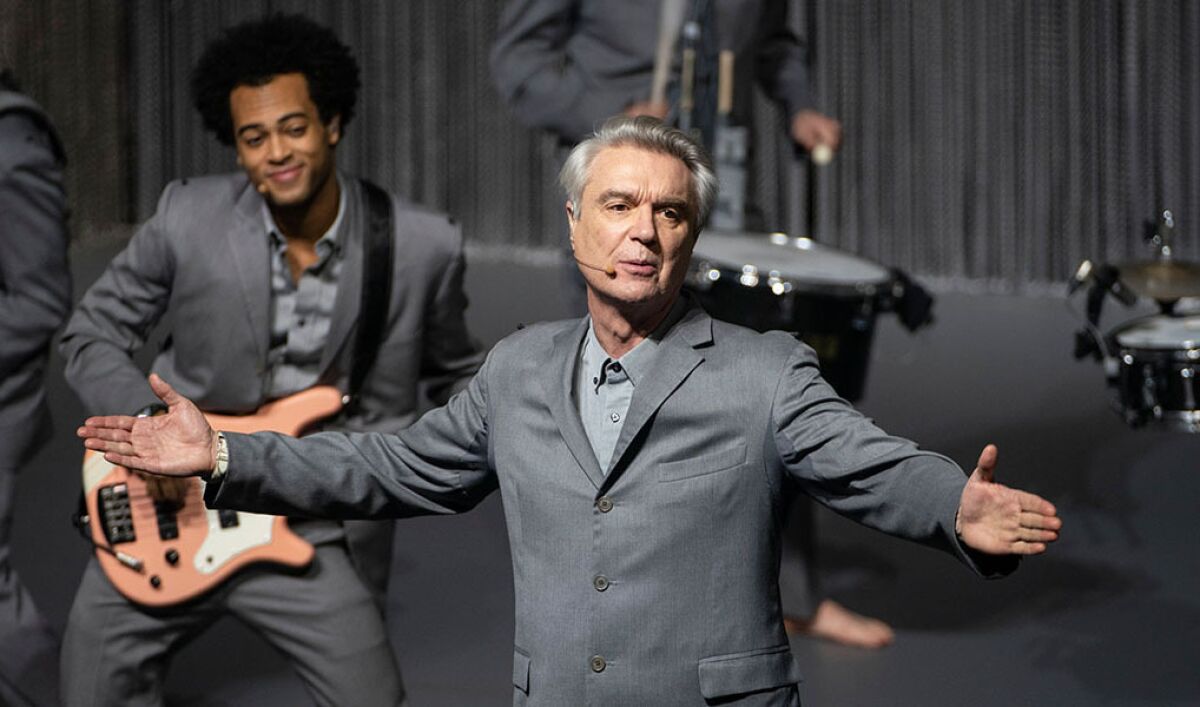 This image released by the Toronto Film Festival shows David Byrne in a scene from "David Byrne's American Utopia,” a documentary of Byrne’s concert musical, directed by Spike Lee. The film opened the Toronto Film Festival on Thursday, Sept. 10. (Toronto Film Festival via AP)