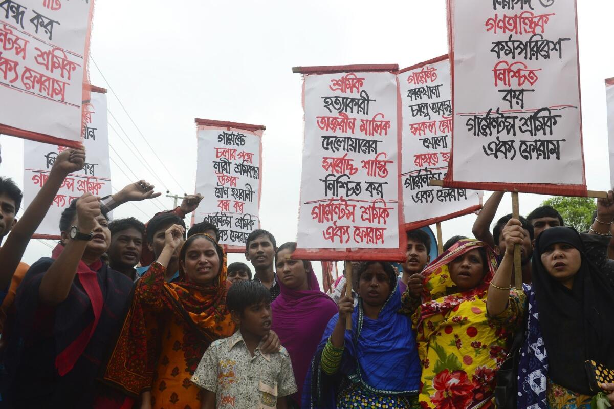 On April 24, members of the Bangladeshi garment workers union mark the second anniversary of the Rana Plaza building collapse on the outskirts of Dhaka, Bangladesh.